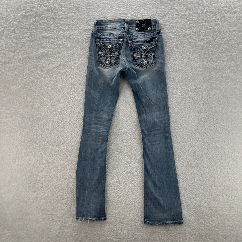 Miss Me Jeans Women 26 Blue Bootcut Low Rise Flap Pocket Embellished Boho Grunge